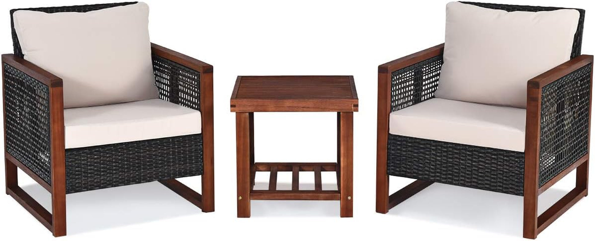  3-PCS Patio PE Rattan Chair Table Set, Wooden Wicker Furniture W/Solid Wood Frame, Soft Cushion, Coffee Table W/Shelf, Patio Conversation Sofa Setting for Balcony, Yard