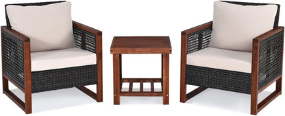  3-PCS Patio PE Rattan Chair Table Set, Wooden Wicker Furniture W/Solid Wood Frame, Soft Cushion, Coffee Table W/Shelf, Patio Conversation Sofa Setting for Balcony, Yard