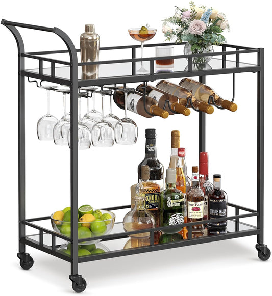 Bar Cart Black, Home Bar Serving Cart, Wine Cart with 2 Mirrored Shelves, Wine Holders, Glass Holders, for Kitchen, Dining Room, Black ULRC090B62