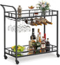 Bar Cart Black, Home Bar Serving Cart, Wine Cart with 2 Mirrored Shelves, Wine Holders, Glass Holders, for Kitchen, Dining Room, Black ULRC090B62
