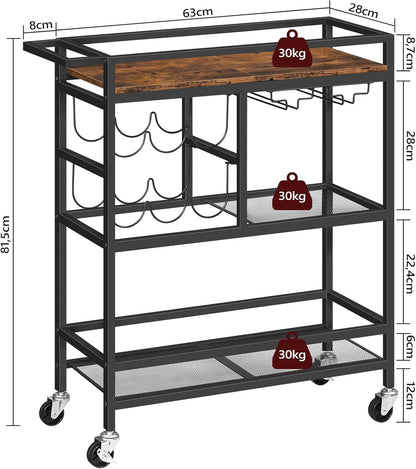 Bar Cart for Home, 3-Tier Serving Cart with Wheels and Handle, Beverage Cart with Wine Rack and Glass Holders, Rolling Wine Cart for Kitchen, Dining Room, Rustic Brown RCHR6101