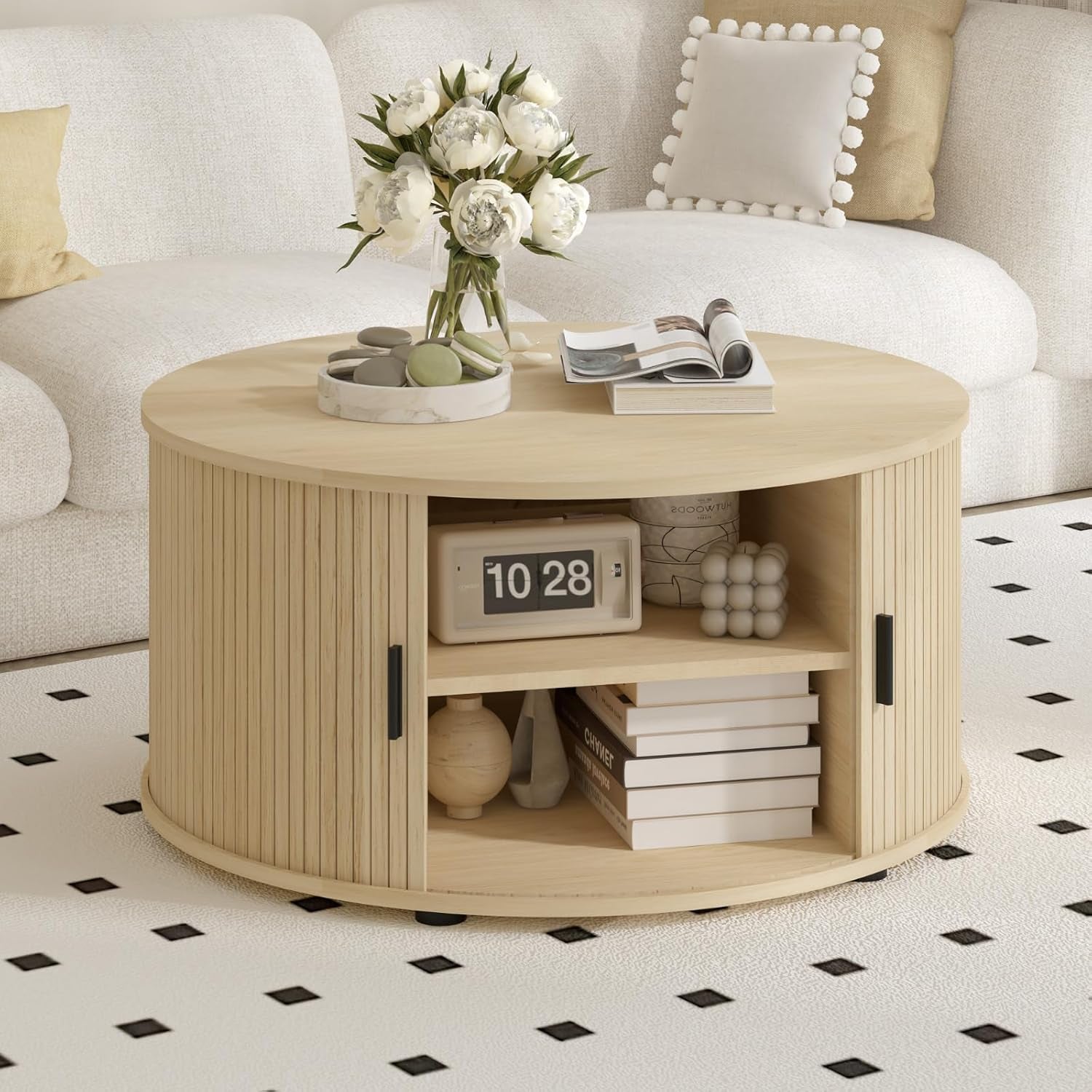  Round Coffee Table with Storage, Mid Century Modern Coffee Table with Sliding Cabinet Door, Wood Coffee Table for Living Room  Oak