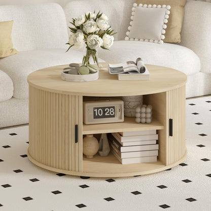  Round Coffee Table with Storage, Mid Century Modern Coffee Table with Sliding Cabinet Door, Wood Coffee Table for Living Room  Oak