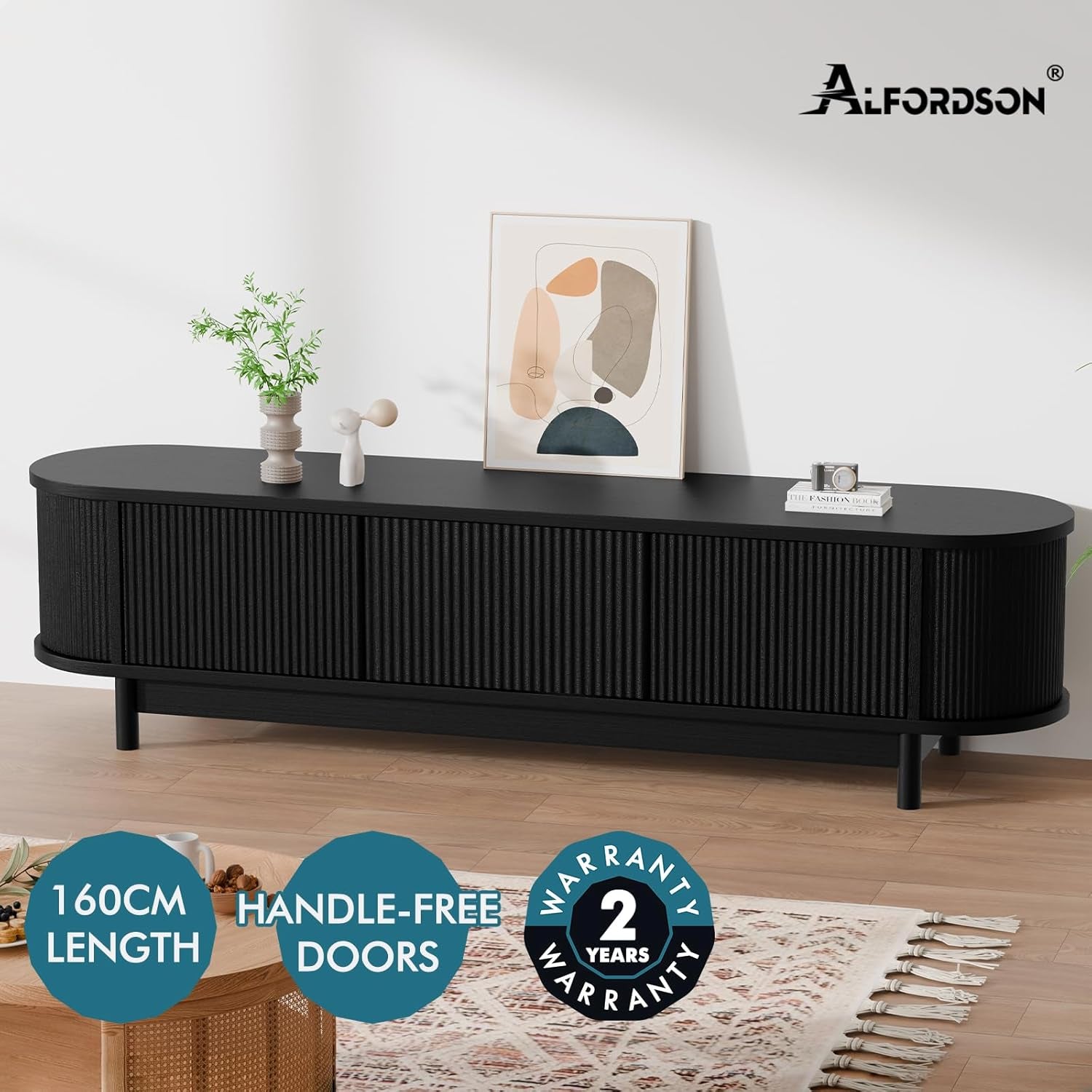 ALFORDSON TV Cabinet Stand Black, Handle-Free Modern Furniture Entertainment Unit Stand with 2 Ample Storage Side Cabinets and 2 Middle Shelves for Living Room,160 X 40 X 40Cm in Black