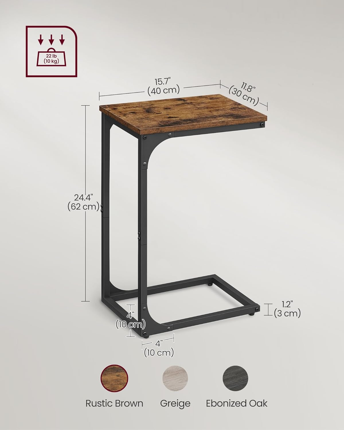 Set of 2 C-Shaped Side Table, Bedside Table, Sofa Side Table, Coffee Table, with Metal Frame, Industrial, for Living Room, Bedroom, Rustic Brown and Black LET354B01