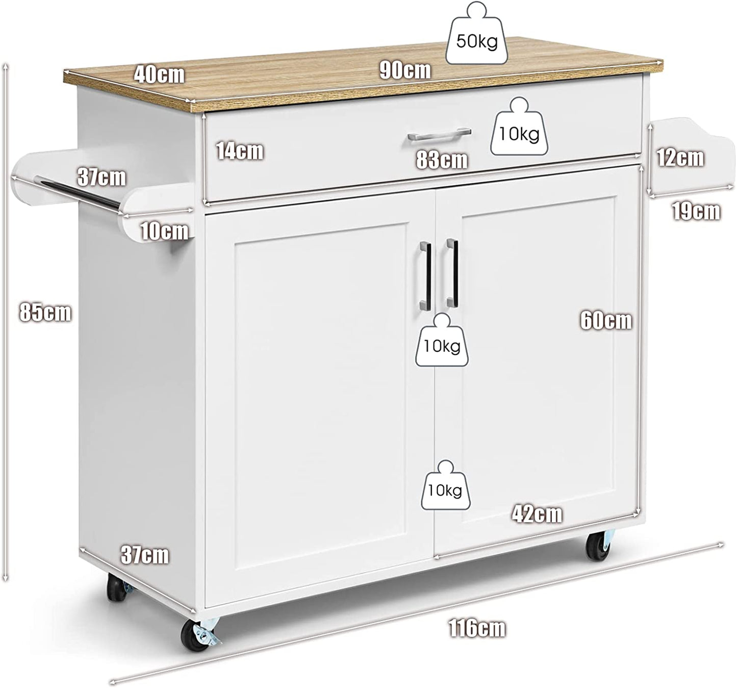Giantex Wooden Rolling Kitchen Island, Storage Cart Trolley W/Adjustable Shelf, Spice Storage Sgelf, Towel Rack & Drawer, Utility Buffet Cabinet W/Beech Top for Kitchen Dinning Room Canteen, White