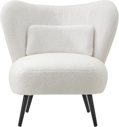 Oikiture Boucle Armchair with Lumbar Pillow and Wingback Velvet Lounge Sofa Accent Chair White