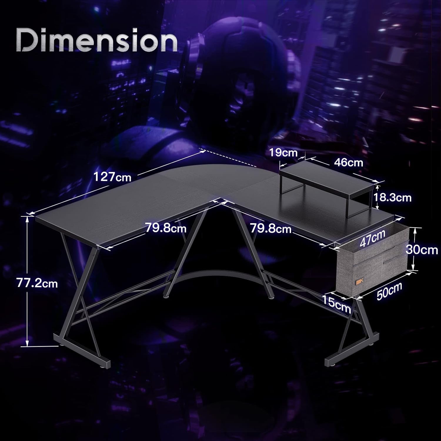 ODK L Shaped Corner Desk, Computer Desk with Monitor Stand, Gaming Desk with round Corner, Computer Workstation for Office Room, Bedroom, Study Room,127 X 127 Cm, Black