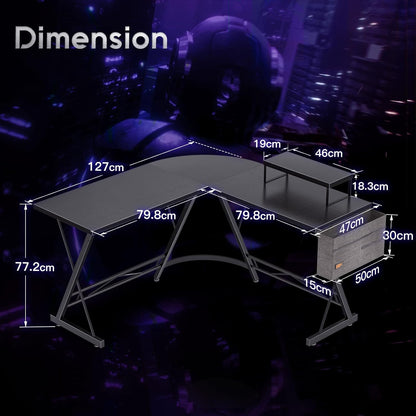 ODK L Shaped Corner Desk, Computer Desk with Monitor Stand, Gaming Desk with round Corner, Computer Workstation for Office Room, Bedroom, Study Room,127 X 127 Cm, Black