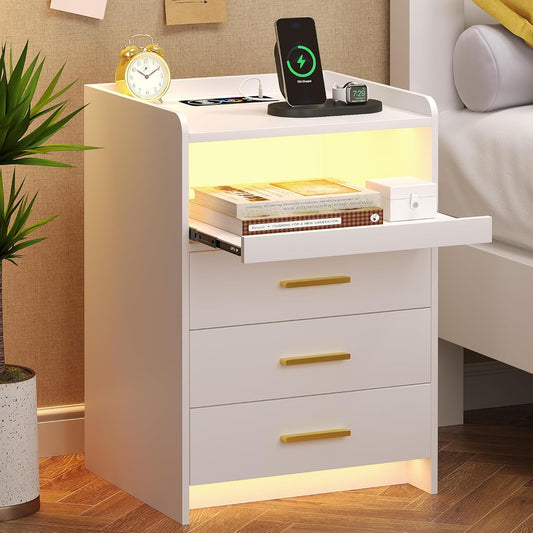 Nightstand with Wireless Charging Station Bedside Table with RGB Light & Human Sensor Design 3 Drawers LED Modern Night Stand, White