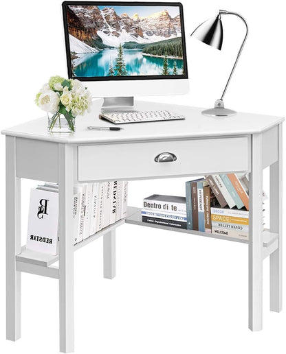 Giantex Wood Corner Computer Desk, Compact Writing Table W/Drawer & Shelves, Space Saving Workstation with Foot Pads, Laptop PC Corner Table Furniture for Home Office, Black