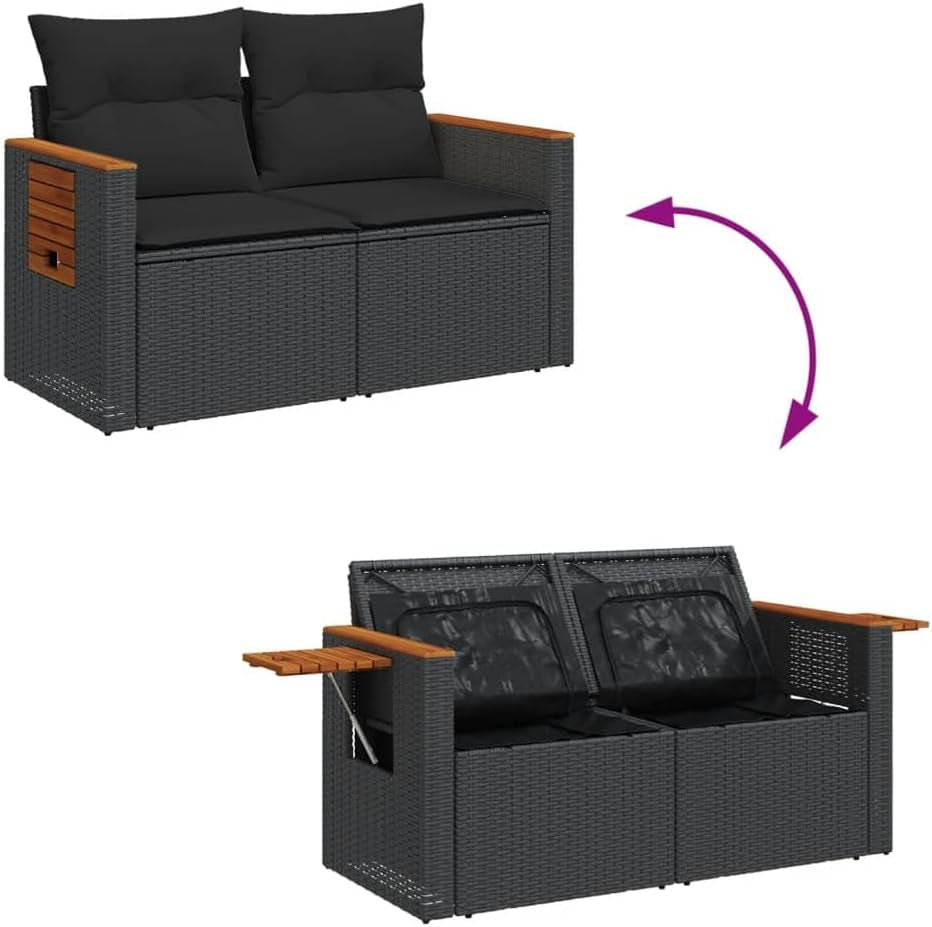Garden Sofa/Couch W Cushions - 2-Seater Black PE Rattan, Steel & Acacia Wood - Outdoor Patio/Deck Furniture - 124X62X69 Cm with Storage & Side Table