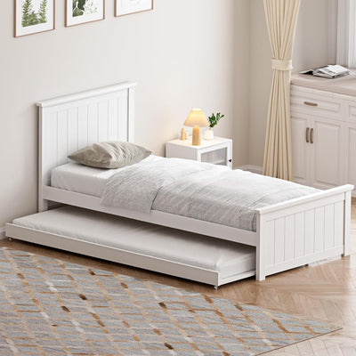 Single Bed Frame Wooden Bed Frame Timber Single Bed Frame with Trundle, Twin Bed, White