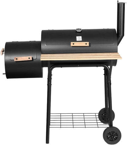 Charcoal BBQ Grill, Smoker Cooking Tool, with Wheels Stainless Steel Rack Black