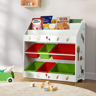 Kids Bookshelf, 3 Tiers Storage Book Shelf Bookshelves Corner Wall Toy Bookcase Rotating Display Shelves Home Living Room Bedroom Kindergarten Furniture, 6 Removable Plastic Boxes