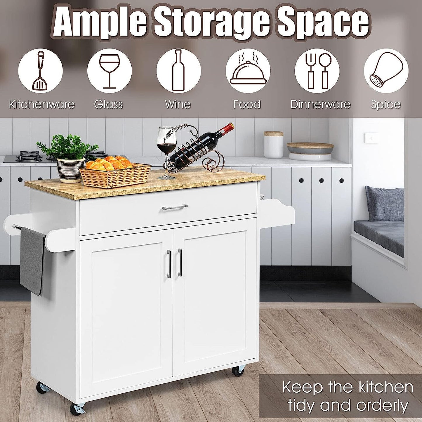 Giantex Wooden Rolling Kitchen Island, Storage Cart Trolley W/Adjustable Shelf, Spice Storage Sgelf, Towel Rack & Drawer, Utility Buffet Cabinet W/Beech Top for Kitchen Dinning Room Canteen, White