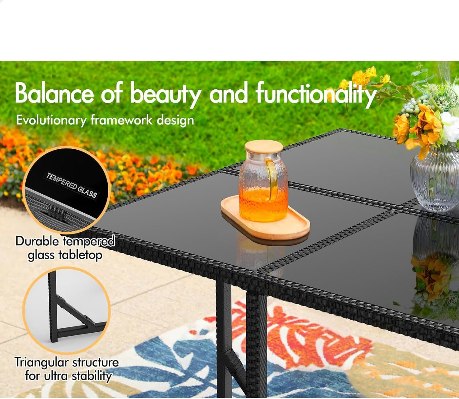 5Pcs Outdoor Dining Set Patio Furniture Garden Armchair, PE Wicker Rattan Lounge Chair and Glass Top Table with Steel Frame & Cushions, Uv-Resistant Conversation Sofa Set with Storage Cover