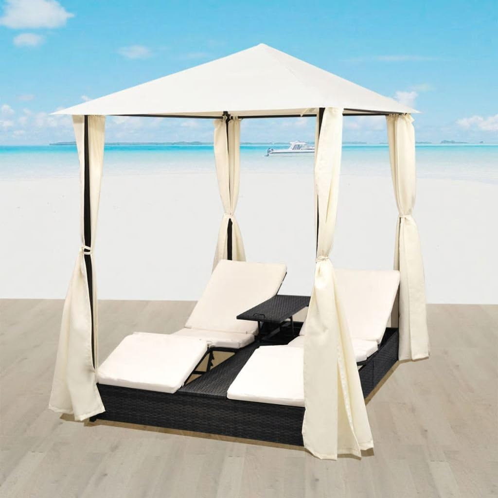 Chaise Lounge with Canopy Patio Furniture Outdoor Poolside Garden Adjustable Sun Lounge Poly Rattan Bed with Cushion for Patio Lawn Garden Backyard Porch Pool