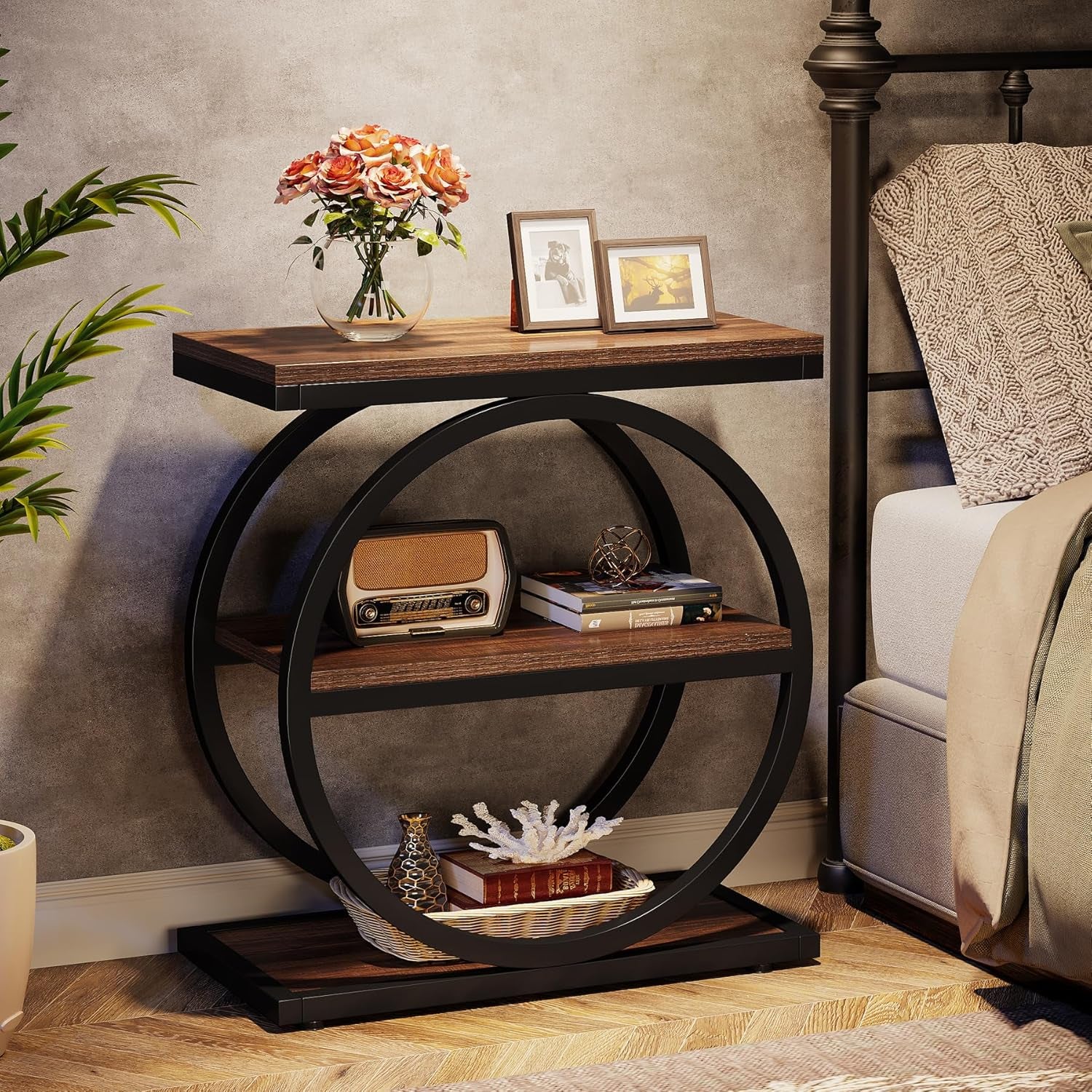 End Table, Narrow End Table with 3 Storage Shelves, 
