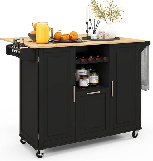 Rolling Kitchen Island Cart, Large Kitchen Island W/Drop-Leaf Countertop & 4 Rotatable Casters, Kitchen Trolley Cart with Deep Drawer, Open Wine Bottle Rack & Towel Bar (Black)