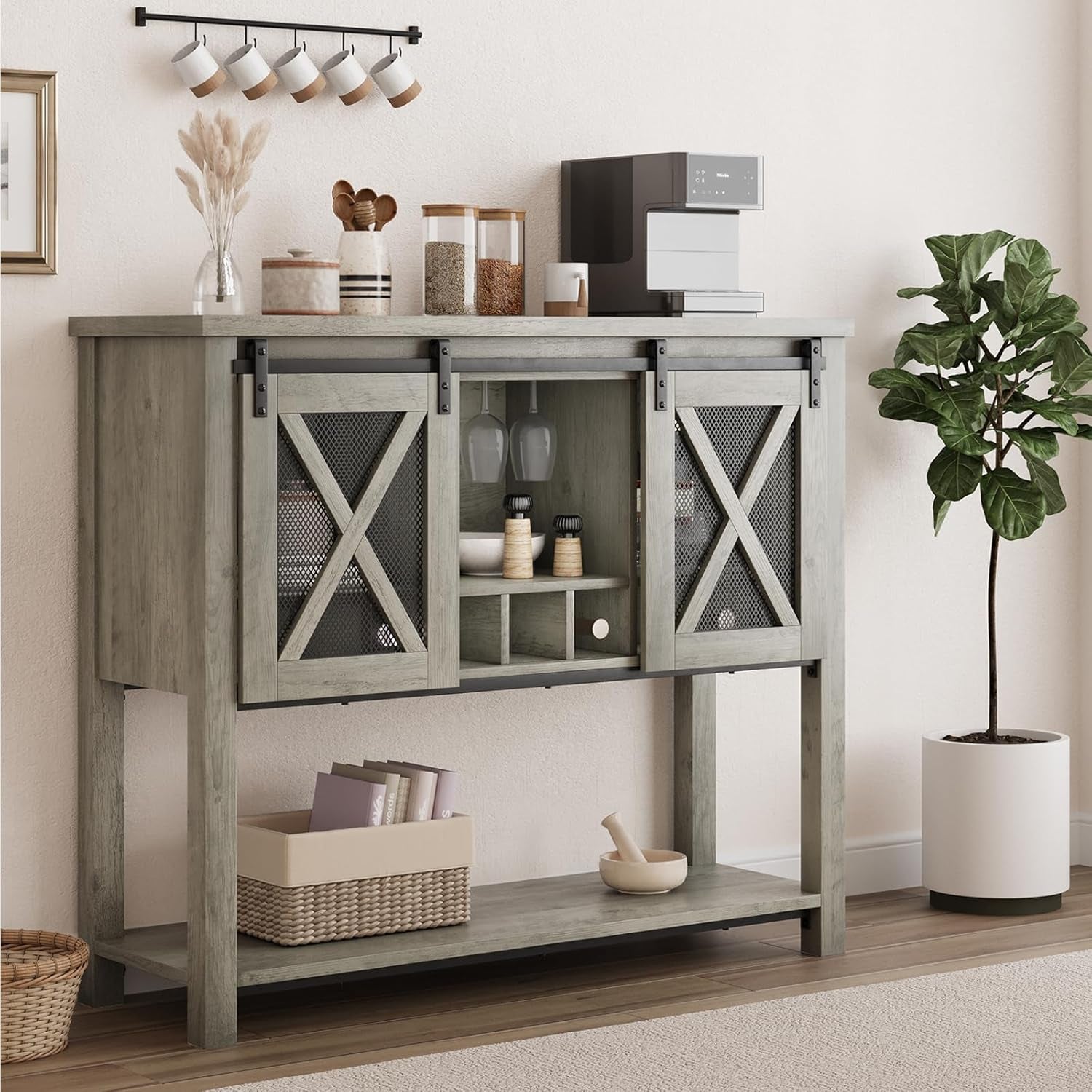 Coffee Bar Cabinet, Sideboard Buffet Storage Cabinet with Storage, Farmhouse Wine Bar Cabinet with Wine Glass Rack, Liquor Cabinet Bar for Home, Kitchen, Dining, Living Room, Grey