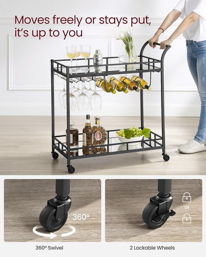 Bar Cart Black, Home Bar Serving Cart, Wine Cart with 2 Mirrored Shelves, Wine Holders, Glass Holders, for Kitchen, Dining Room, Black ULRC090B62