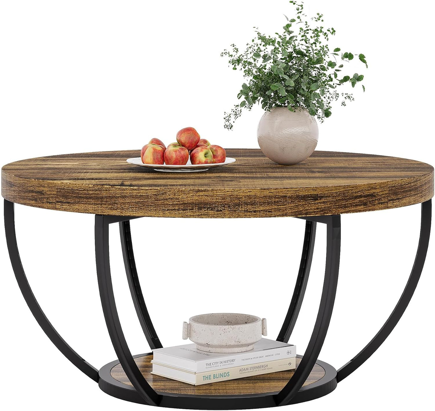 Round Coffee Table, 80Cm Wooden 2-Tier Circle Coffee Table Storage, Modern Low Coffee Table, Rustic Brown