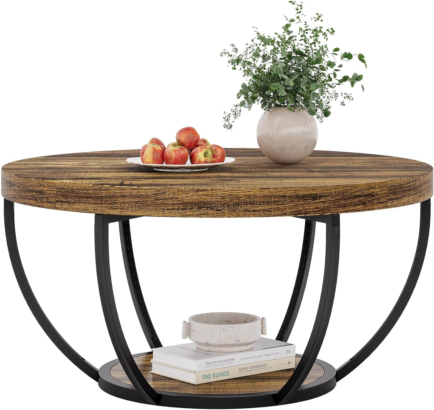 Round Coffee Table, 80Cm Wooden 2-Tier Circle Coffee Table Storage, Modern Low Coffee Table, Rustic Brown