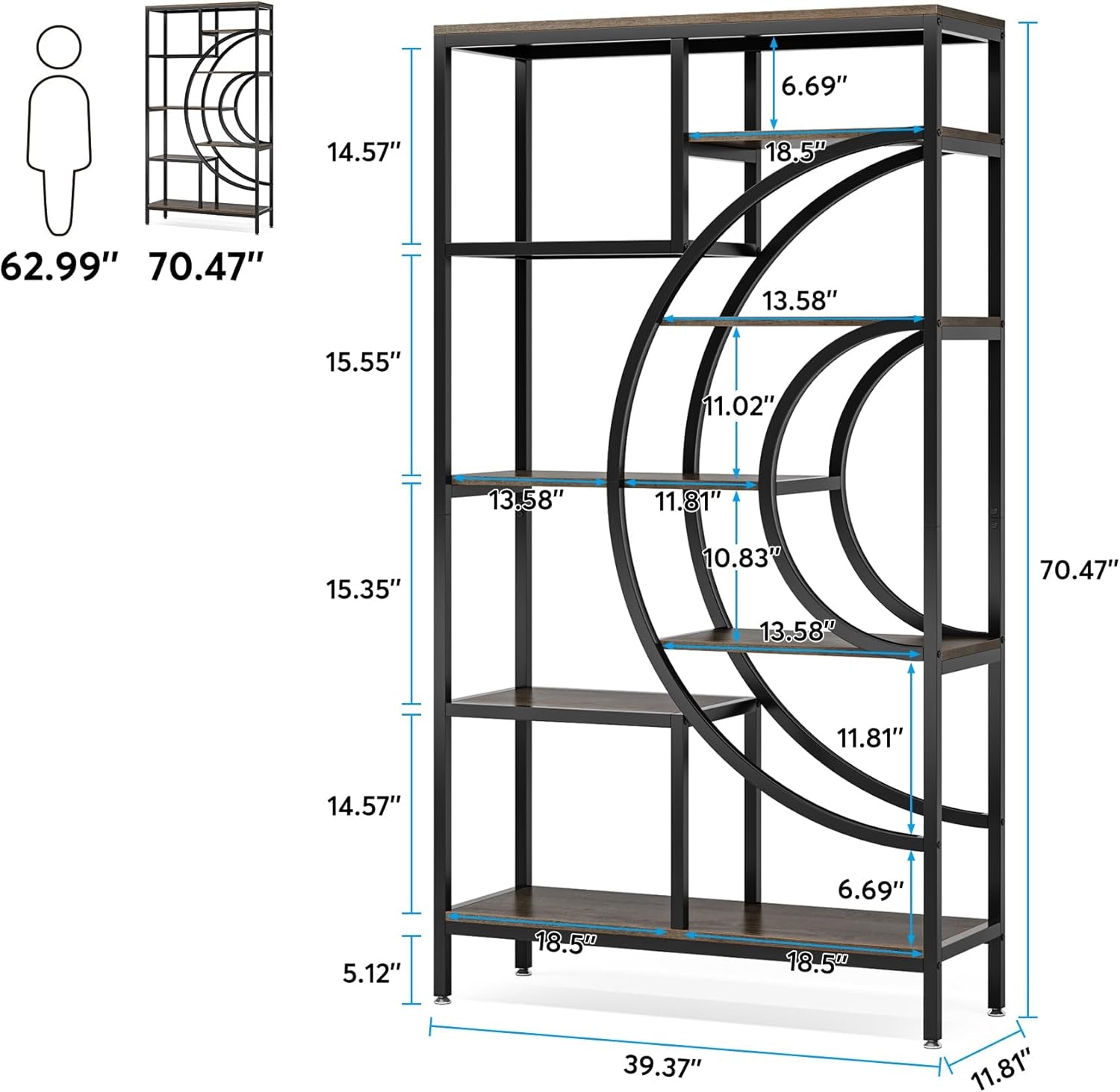 Geometric Bookcase, 71 Inches, Industrial 8-Tiers Bookshelves, Rustic Etagere Bookcase with Metal Frame, Tall Freestanding Open Storage Shelving Units for Home Office, Living Room