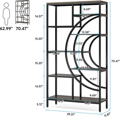 Geometric Bookcase, 71 Inches, Industrial 8-Tiers Bookshelves, Rustic Etagere Bookcase with Metal Frame, Tall Freestanding Open Storage Shelving Units for Home Office, Living Room