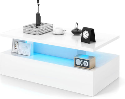 LED Coffee Table, Modern 2-Tier High Glossy White Coffee Table with Adjustable Light Colours, Speed & Brightness, (White)