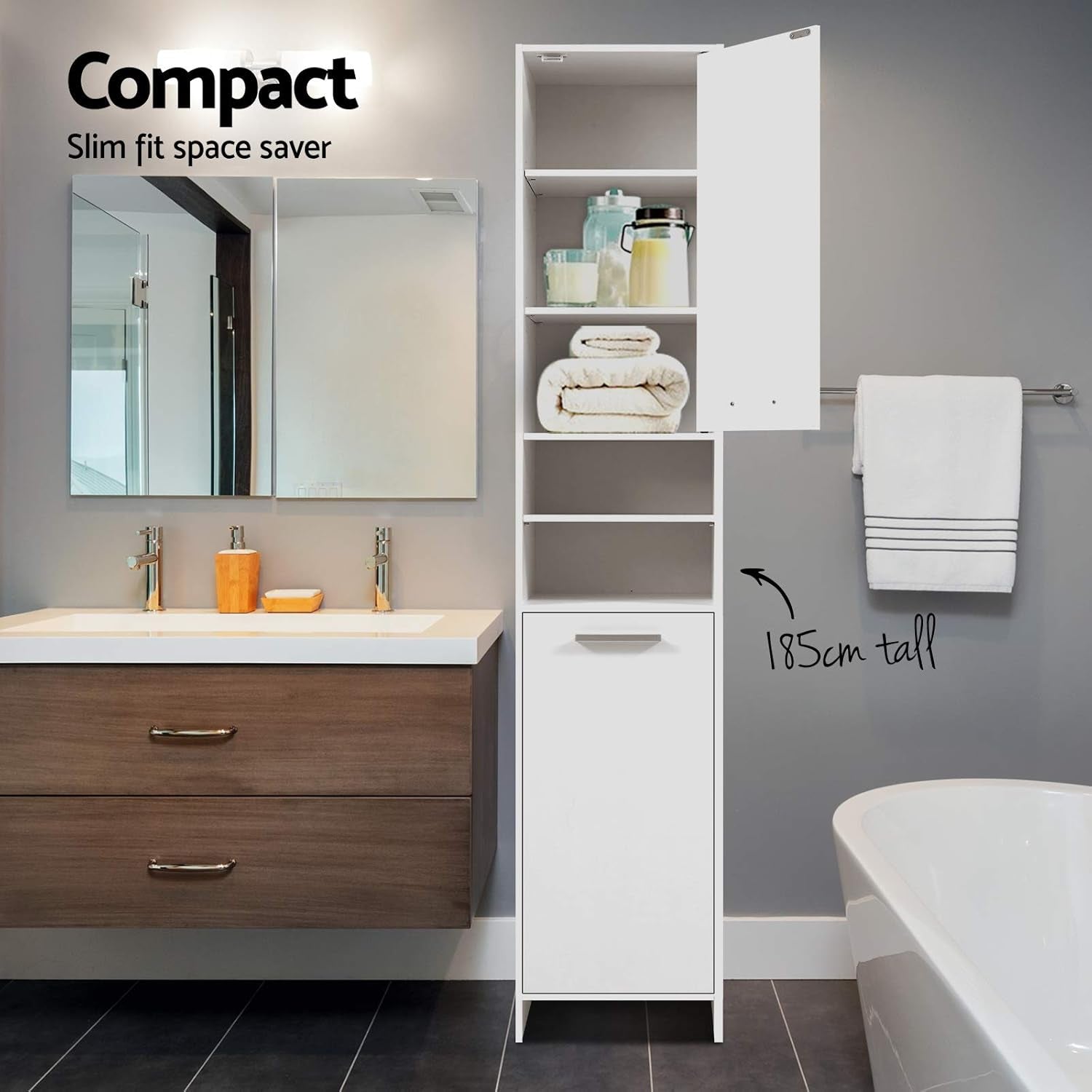 Bathroom Storage Cabinet, 185Cm Tall Adjustable Cupboard Side Table Corner Shelf 