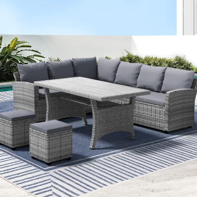 8 Seater Rattan Outdoor Table and Chairs Lounge Set Wicker Dining Tables Chair Setting Sofa, Patio Furniture Garden Backyard, Weather-Resistant Cushions Pillows Grey with Ottoman