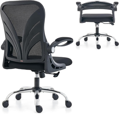 HOLLUDLE Ergonomic Office Chair with Foldable Backrest, Computer Desk Chair with Flip-Up Armrests, Mesh Lumbar Support and 2D Headrest Big and Tall Office Chair, White