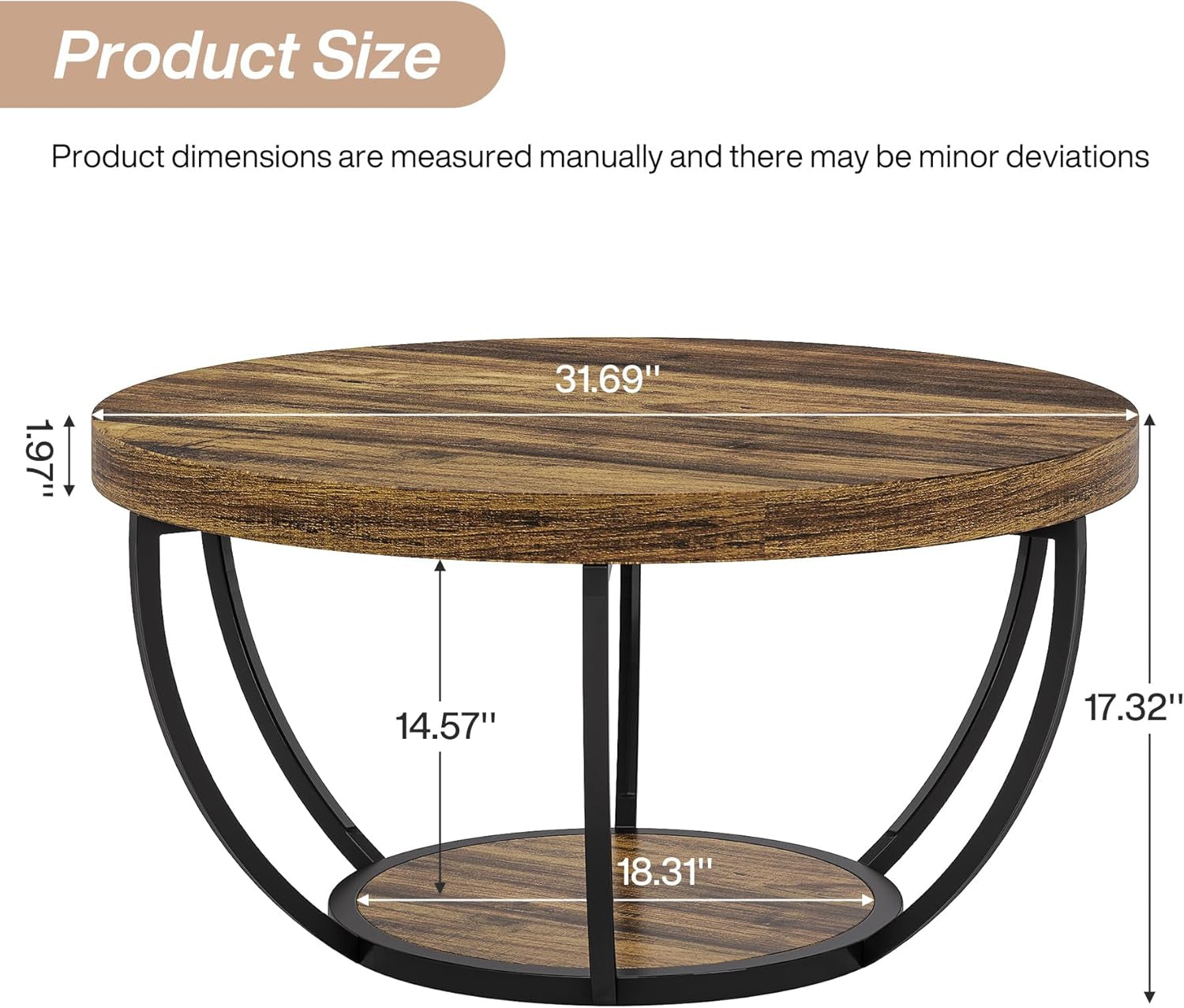 Round Coffee Table, 80Cm Wooden 2-Tier Circle Coffee Table Storage, Modern Low Coffee Table, Rustic Brown