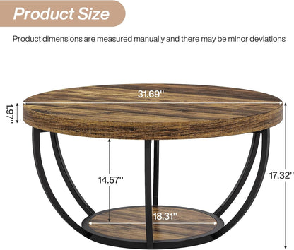 Round Coffee Table, 80Cm Wooden 2-Tier Circle Coffee Table Storage, Modern Low Coffee Table, Rustic Brown