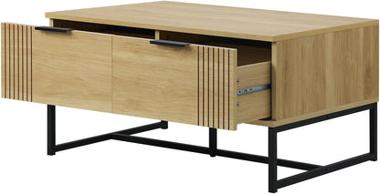 Coffee Table with Metal Base and 2 Storage Drawer Side End Table