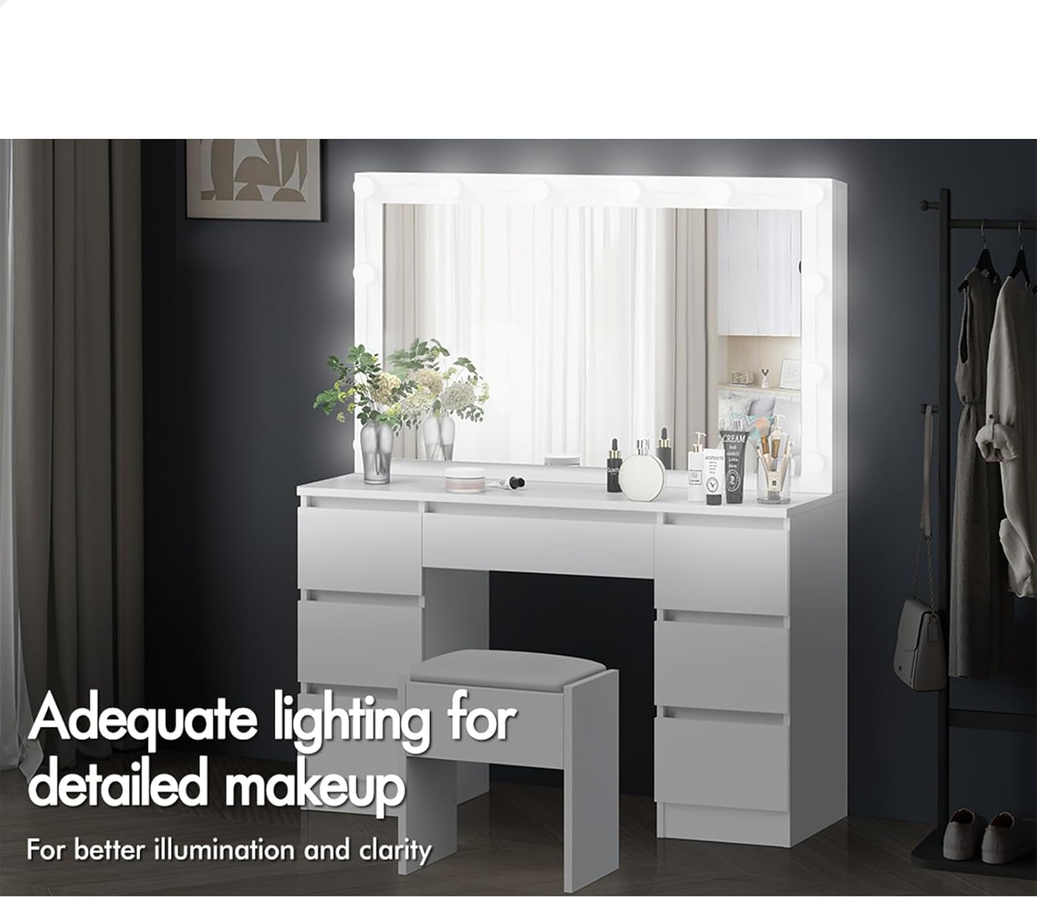 White Dressing Table Stool Set with Mirror, Storage Drawers and Chair, Makeup Mirror Desk with 12 LED Bulbs Adjustable Brightness Levels, Dresser Vanity Table Organiser for Dressing Room