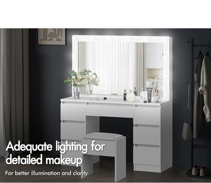 White Dressing Table Stool Set with Mirror, Storage Drawers and Chair, Makeup Mirror Desk with 12 LED Bulbs Adjustable Brightness Levels, Dresser Vanity Table Organiser for Dressing Room