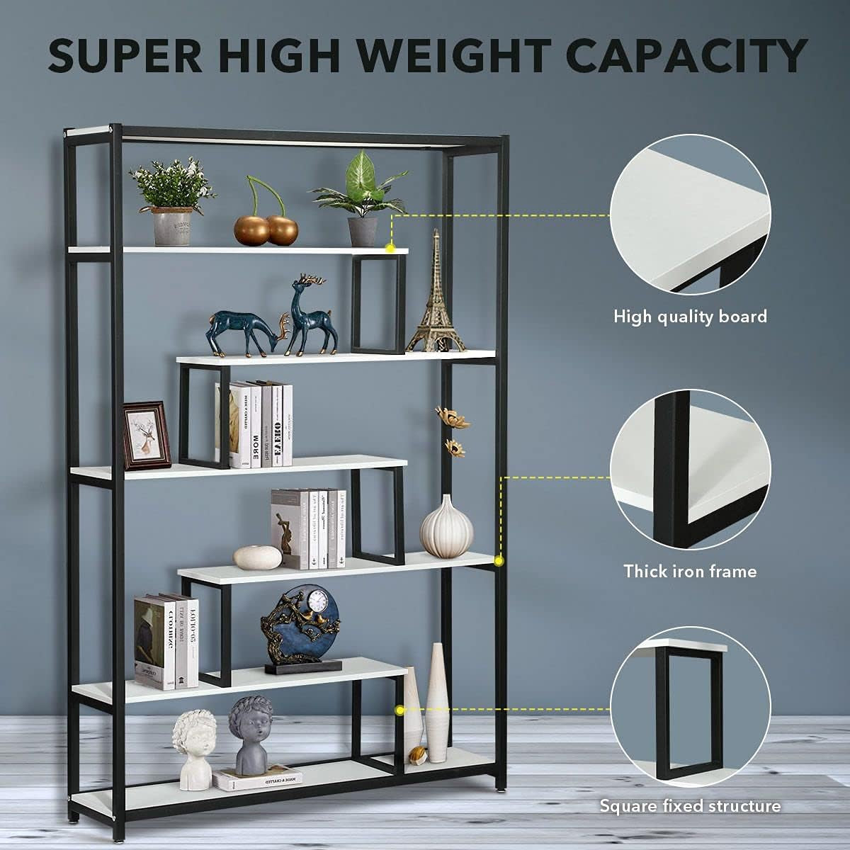 Six Tier Bookshelf Bookshelf Industrial Multi-Level Bookcase Storage Rack Display Shelf Unit for Home and Office White