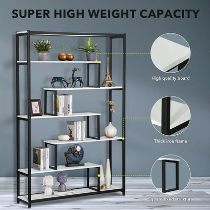 Six Tier Bookshelf Bookshelf Industrial Multi-Level Bookcase Storage Rack Display Shelf Unit for Home and Office White