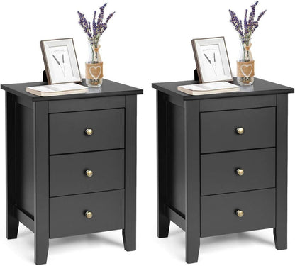 Giantex 2PCS End Side Table, Nightstand W/ 3 Drawers, Modern Bedside Cabinet, Wooden End Table W/Sturdy Structure, Accent Table W/Solid Wood Legs, Bedside Table Sofa Side Table for Bedroom Living Room
