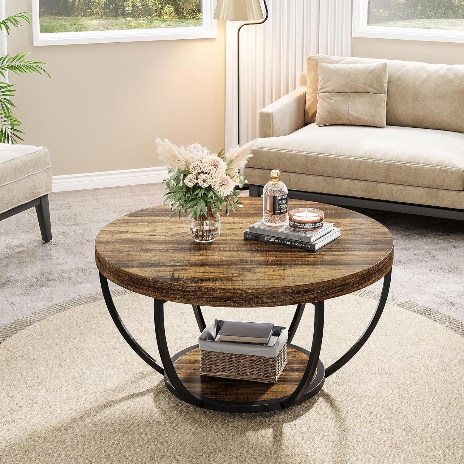 Round Coffee Table, 80Cm Wooden 2-Tier Circle Coffee Table Storage, Modern Low Coffee Table, Rustic Brown