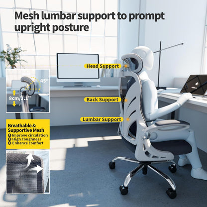 HOLLUDLE Ergonomic Office Chair with Foldable Backrest, Computer Desk Chair with Flip-Up Armrests, Mesh Lumbar Support and 2D Headrest Big and Tall Office Chair, White