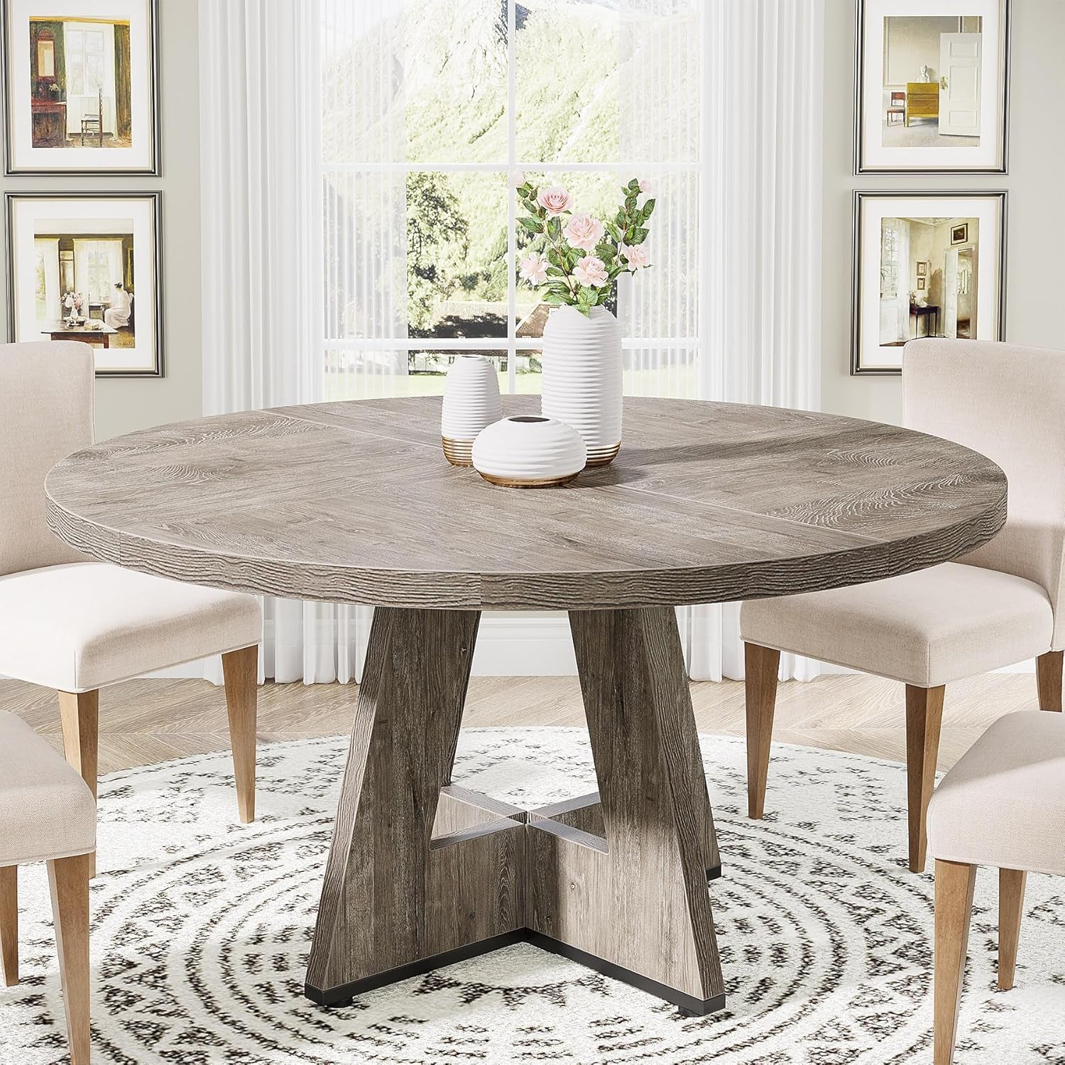 Round Dining Table Wood Kitchen Table for Dining Room Living Room, 47 Inches Dining Room Tables for 4 Person, Farmhouse Dinner Table with Wooden Table Top and Legs, Rustic Grey(Only Table)