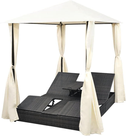 Chaise Lounge with Canopy Patio Furniture Outdoor Poolside Garden Adjustable Sun Lounge Poly Rattan Bed with Cushion for Patio Lawn Garden Backyard Porch Pool