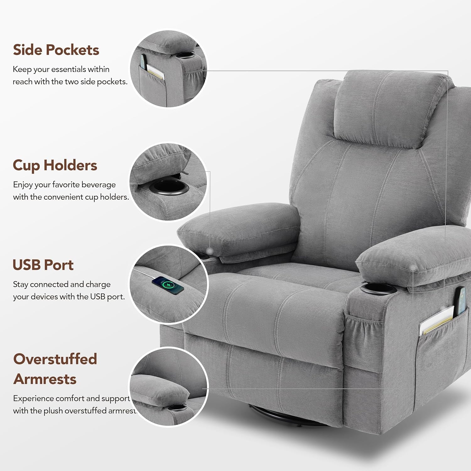 Weture Swivel Rocker Recliner Chair with Heat and Massage, 360 Degree Swivel Rocking Single Sofa with Cup Holders and USB Port, Big Large Oversized Recliner Chair for Living Room (Fabric, Grey)