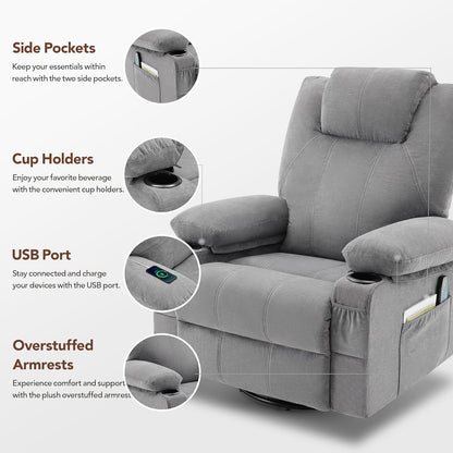 Weture Swivel Rocker Recliner Chair with Heat and Massage, 360 Degree Swivel Rocking Single Sofa with Cup Holders and USB Port, Big Large Oversized Recliner Chair for Living Room (Fabric, Grey)