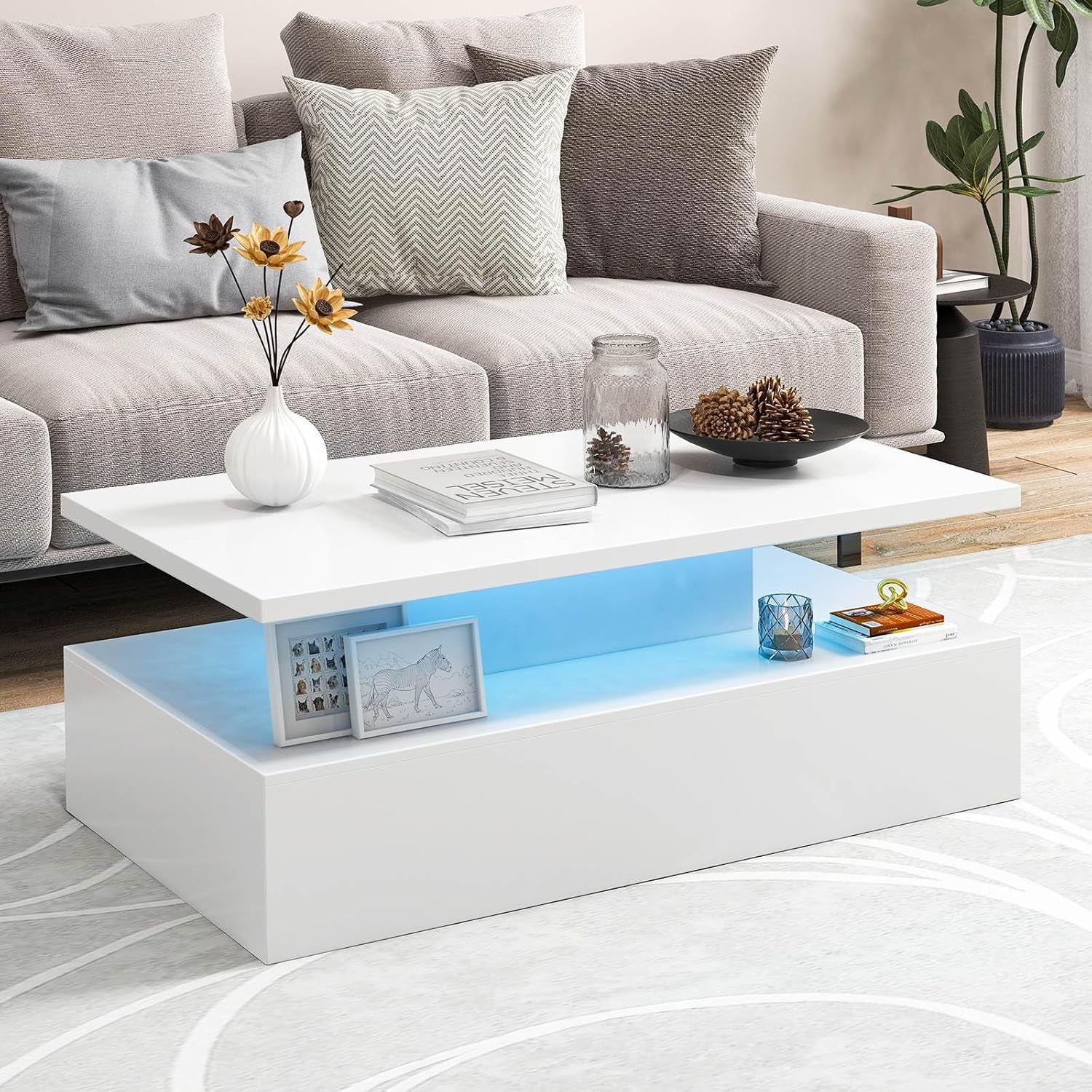 LED Coffee Table, Modern 2-Tier High Glossy White Coffee Table with Adjustable Light Colours, Speed & Brightness, (White)