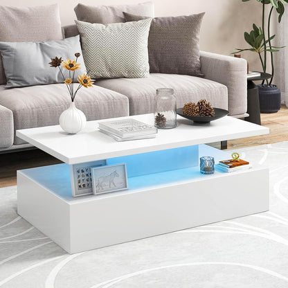 LED Coffee Table, Modern 2-Tier High Glossy White Coffee Table with Adjustable Light Colours, Speed & Brightness, (White)